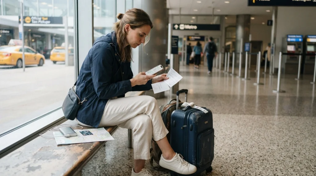 Solo female traveler checking airport transfer routes, accommodation details, and backup transport