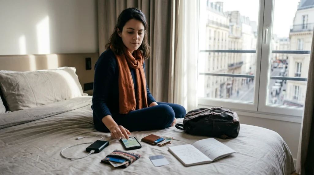 Woman organizing phone, backup money, itinerary, and safety essentials for solo travel