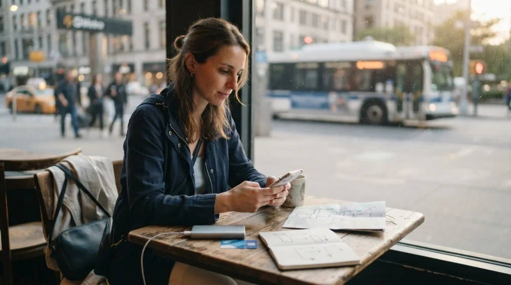 Solo female traveler planning key local transportation routes before an evening outing