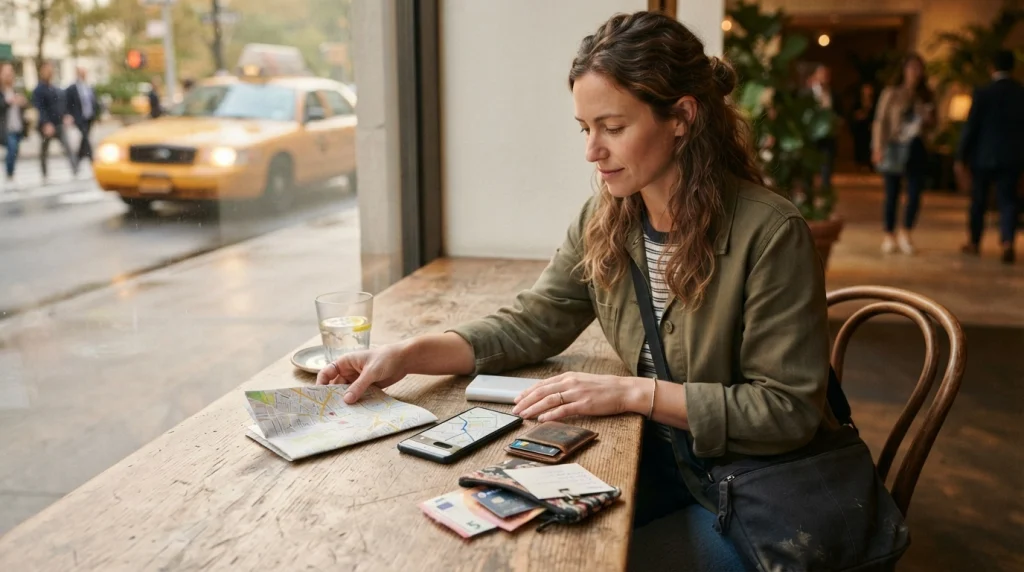 Woman organizing backup money, maps, contacts, and transport plans for safer solo travel