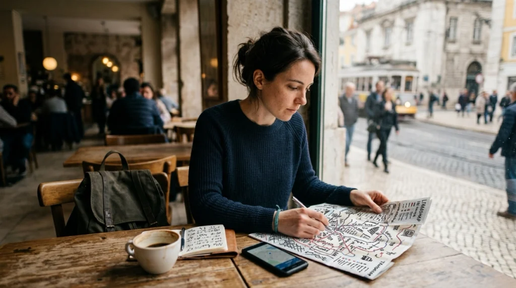 Woman practicing solo travel confidence with a map during a local day trip