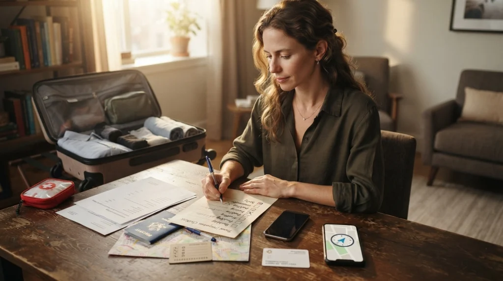 Woman completing a pre-trip emergency checklist before visiting a destination alone