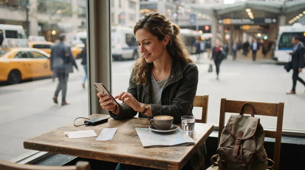 Solo female traveler using reliable mobile coverage for navigation, bookings, translation, and communication
