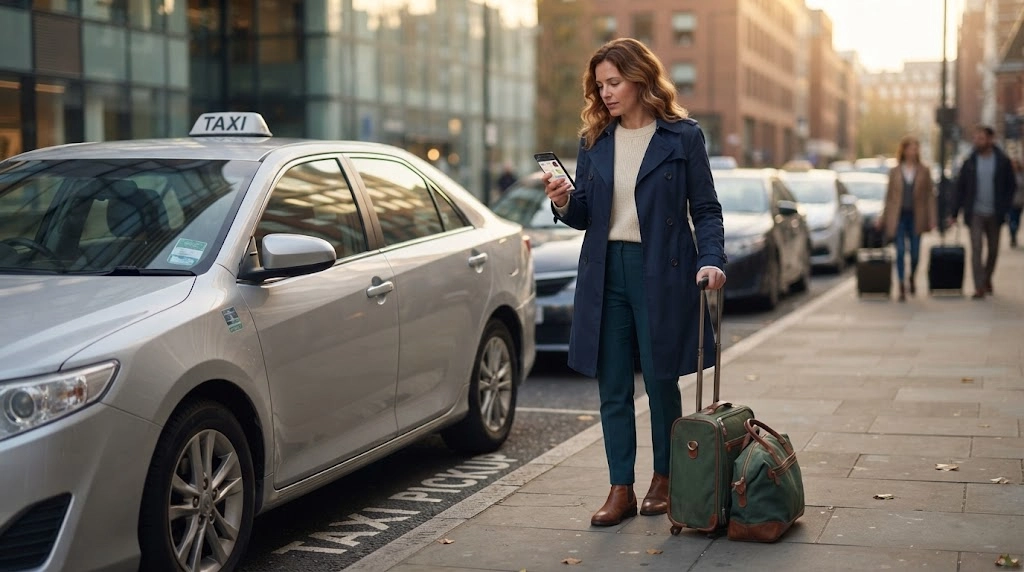 Solo female traveler verifying driver, vehicle, route, and fare details before entering a taxi.