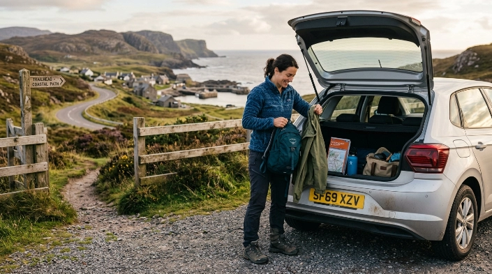 Solo woman using a rental car to reach a rural trailhead on her first solo trip

