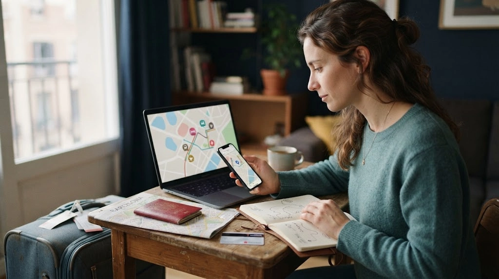 Solo female traveler checks accommodation location, reviews and airport transport before booking