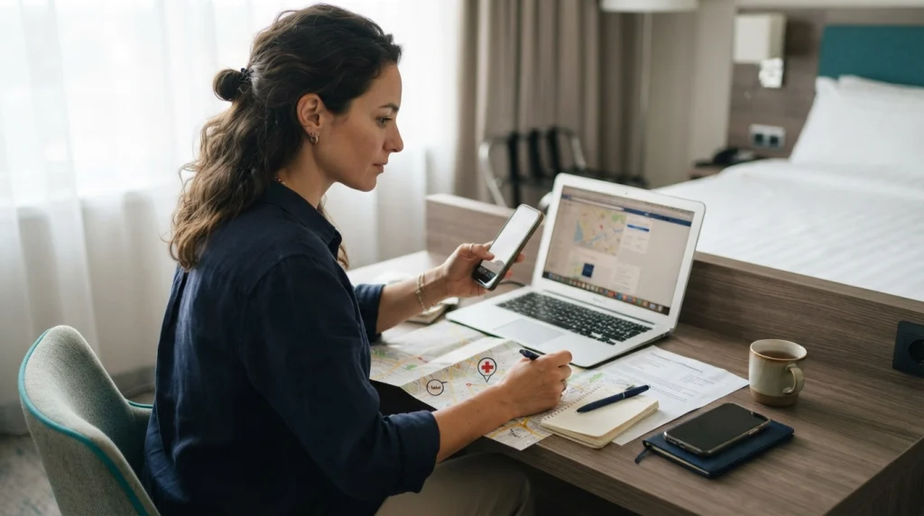 Solo female traveler checking hospitals, routes, and health access before booking her trip.