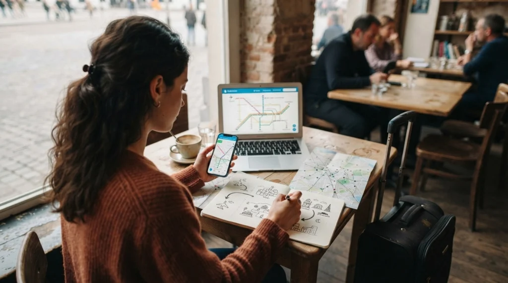 Solo woman comparing airport, hotel, sightseeing, and evening public transportation routes before booking