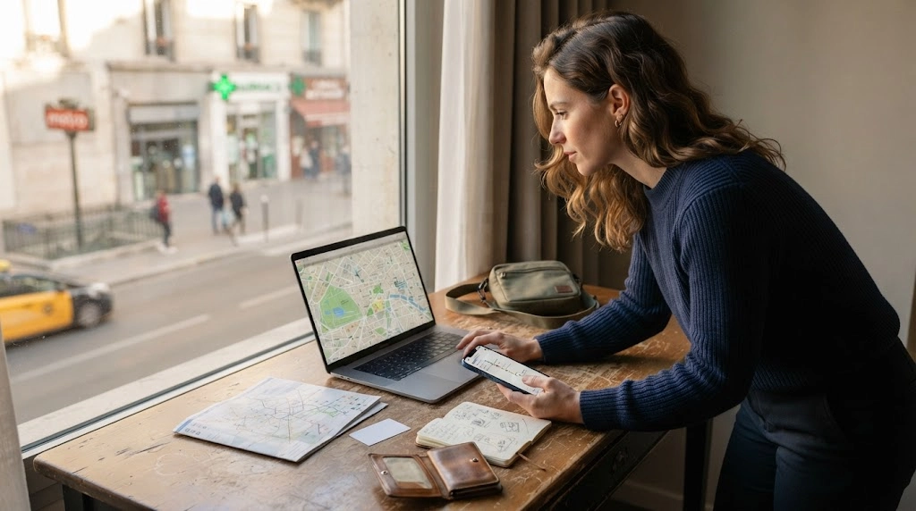 Solo female traveler checking neighborhood safety, hotel location, transit access, and walking routes.
