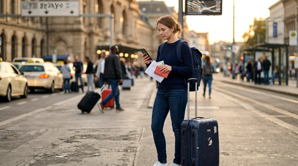 Solo woman checking an offline map after arriving with luggage at a transport terminal