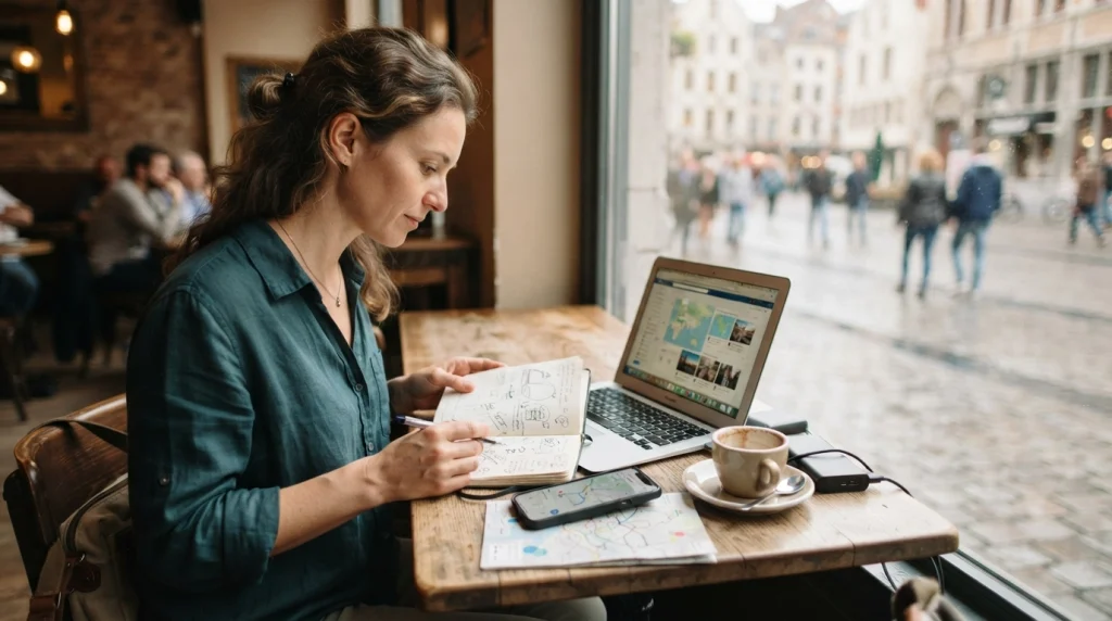 Woman comparing maps, transport and accommodation before choosing a scenic solo destination