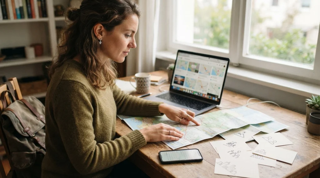 Solo female traveler comparing destinations and women-only activities using maps and a laptop