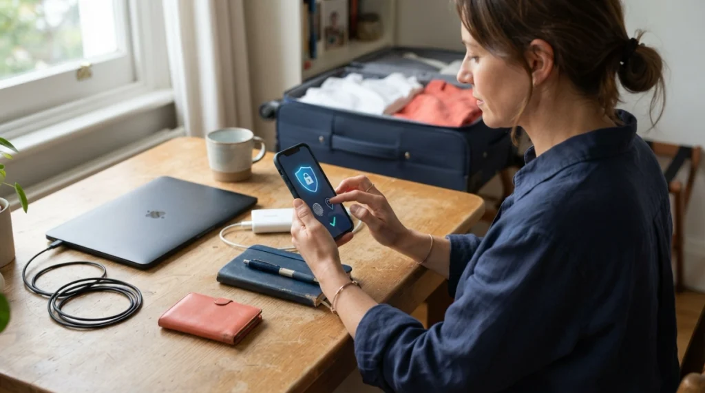 Woman securing her phone before a first solo trip with passcode, recovery, account, and document protection.