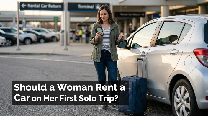 Solo woman deciding whether to rent a car on her first solo trip