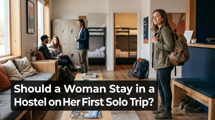 First-time solo woman arriving at a welcoming hostel with secure lockers and shared social spaces.