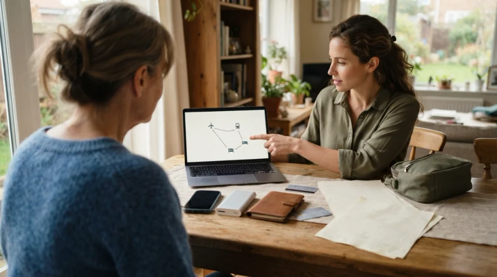 Woman showing family her first solo trip arrival, accommodation, transport, and safety plan