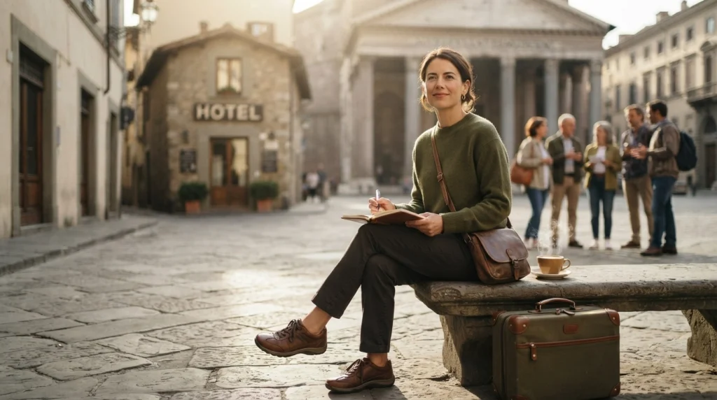 Woman reviewing a relaxed four-day first solo trip itinerary during an independent city break