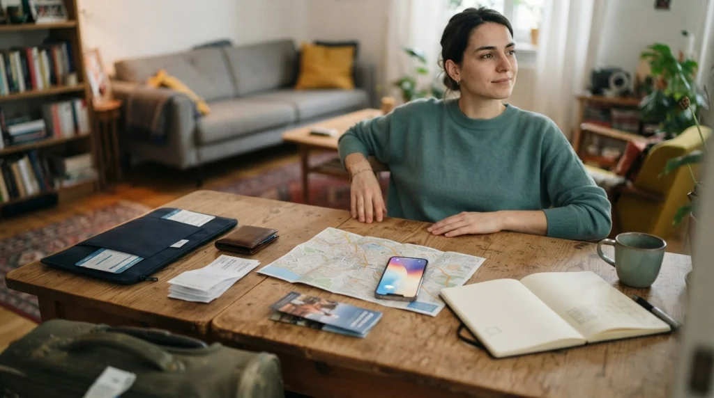 Woman organizing a first solo trip into essential planning, research and flexible time.