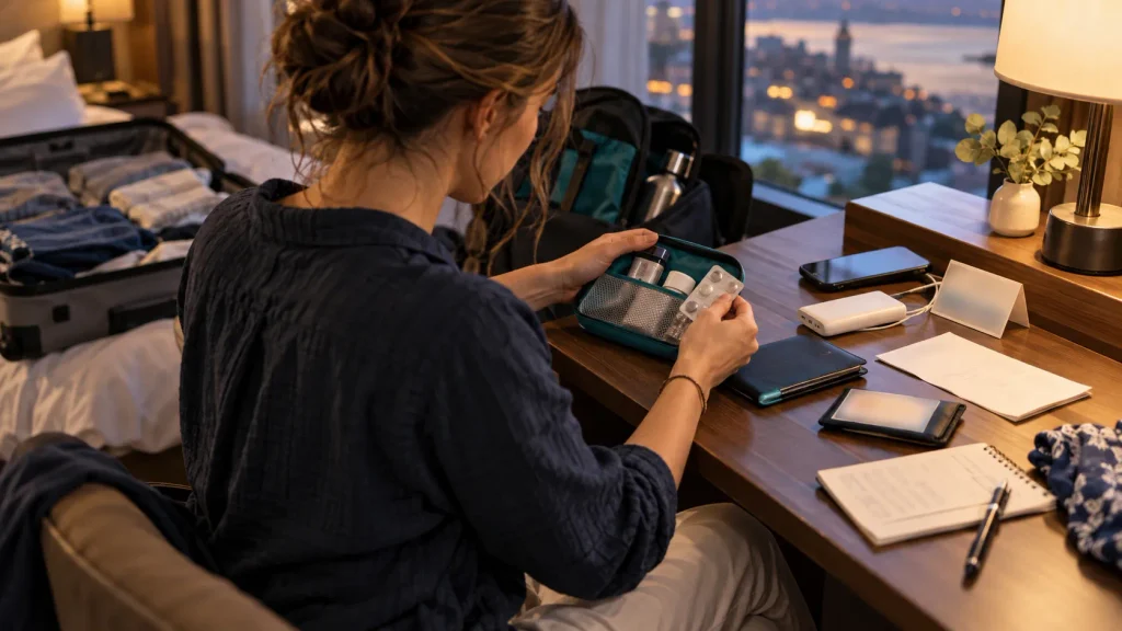 Solo female traveler organizing medication, insurance, emergency contacts, and itinerary before departure.