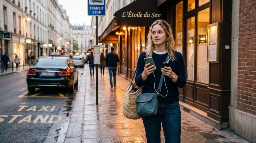 Woman checking her route home at night during a first solo weekend trip