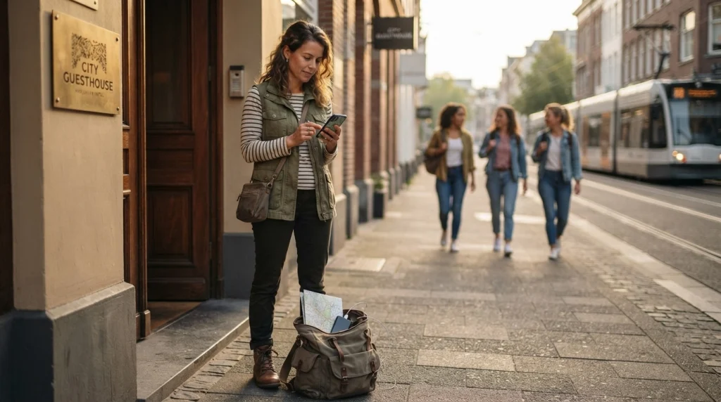 Solo female traveler checking route, transport, and phone before a women-only activity