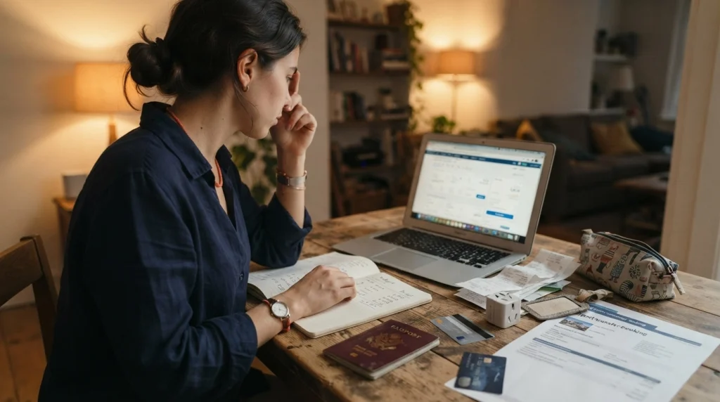 Solo traveler checking hidden travel costs, backup cards, and emergency funds before booking