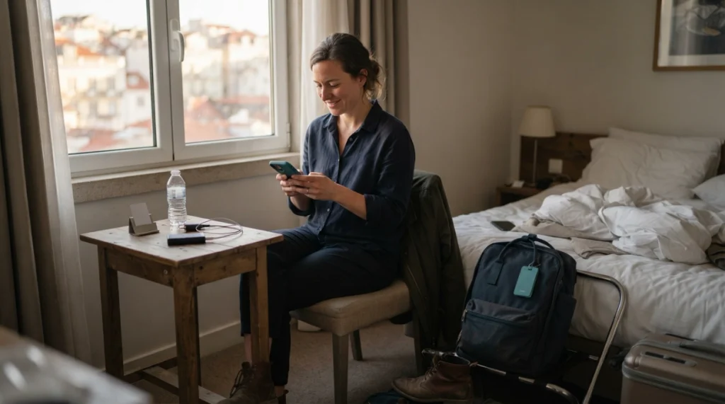 Solo woman safely checking in from her hotel during her first solo trip
