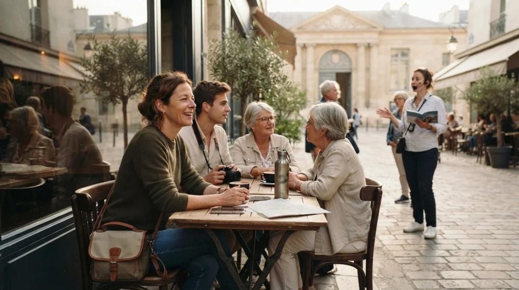Solo woman building travel confidence through a relaxed small-group activity during her first trip.