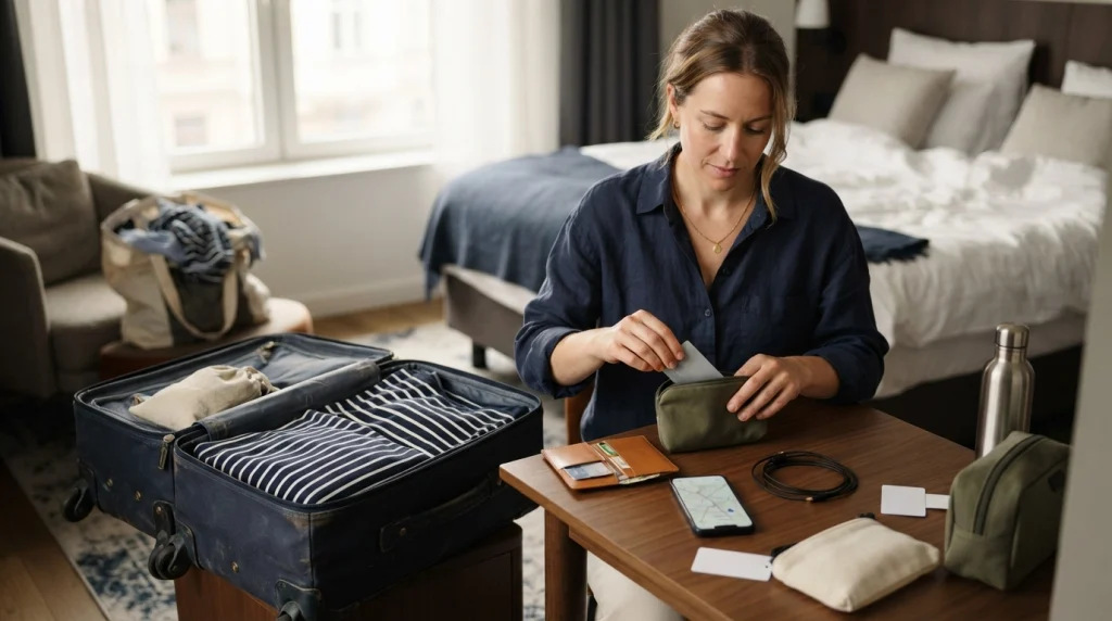 Solo woman separating backup cards and emergency funds beside packed luggage in a hotel room