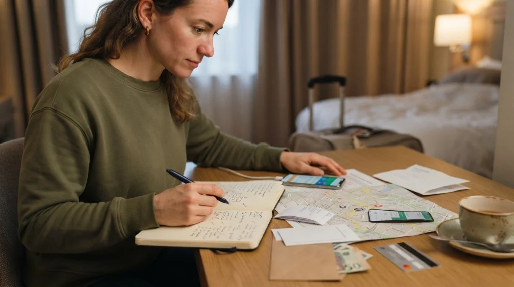 Woman reviewing solo travel safety research, transport, accommodation, money, and backup plans