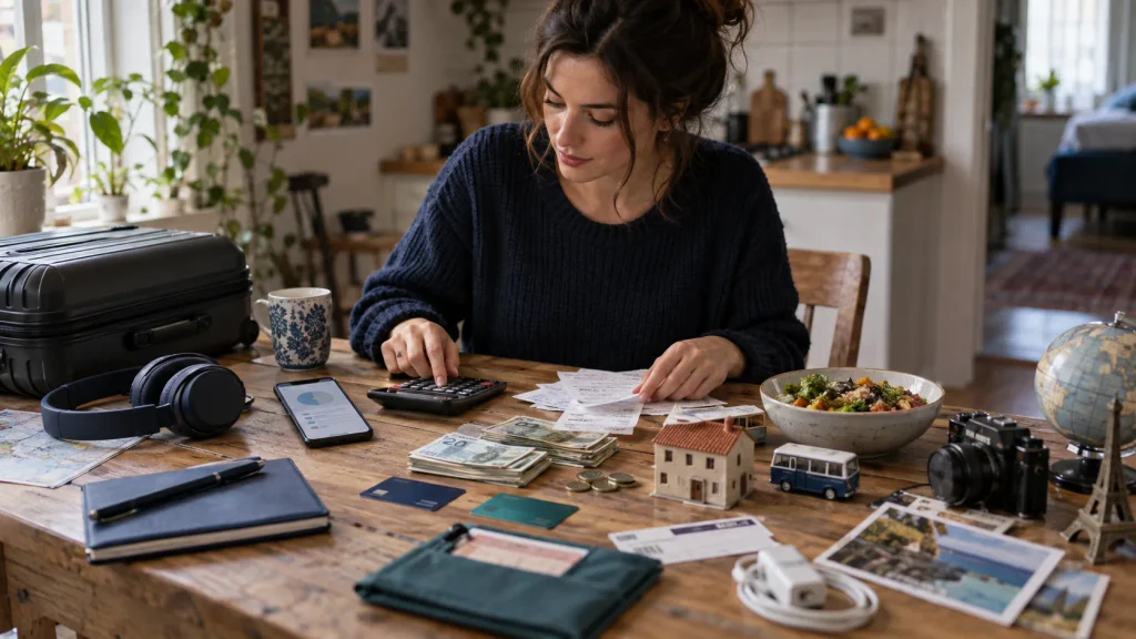 Woman planning a first solo trip budget with transport, food, insurance, and accommodation costs.