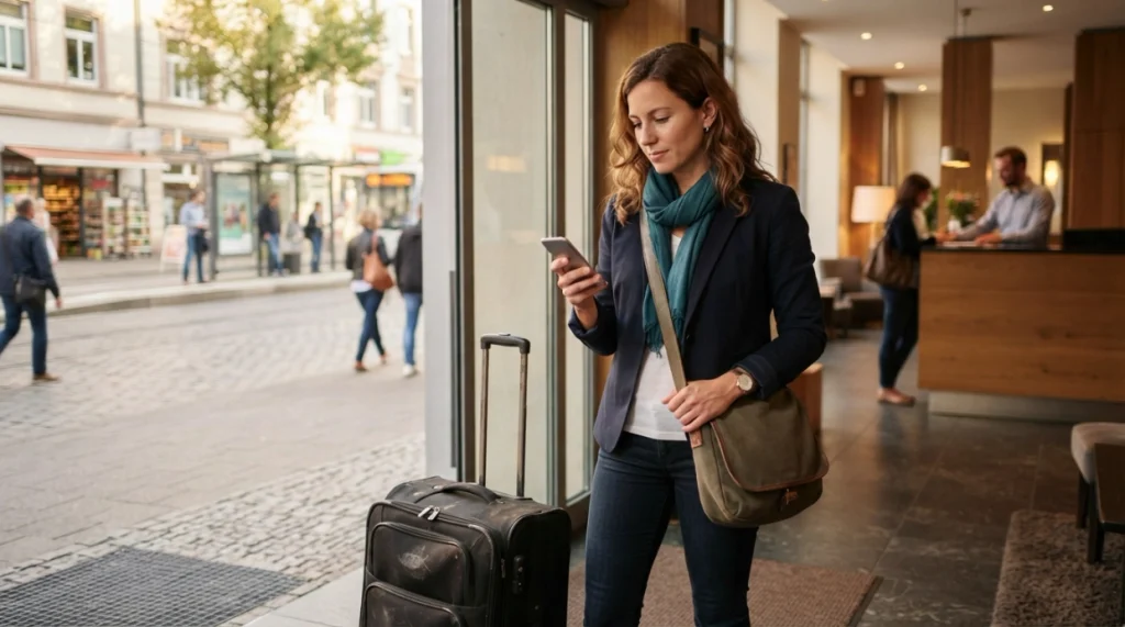Solo woman checking her hotel arrival route after reaching a well-connected neighborhood