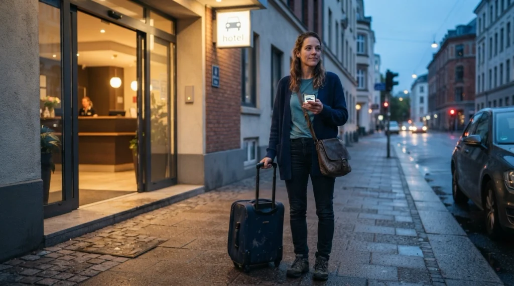 Solo woman choosing safe hotel transport while keeping her first solo trip budget under control.