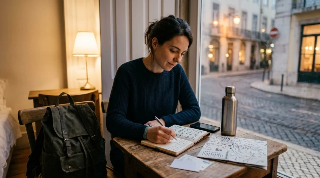 Solo woman recording daily travel wins after confidently exploring an unfamiliar city