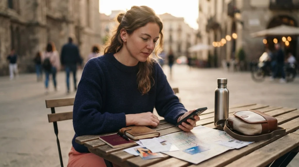 Solo woman reviewing her realistic daily travel budget while traveling comfortably
