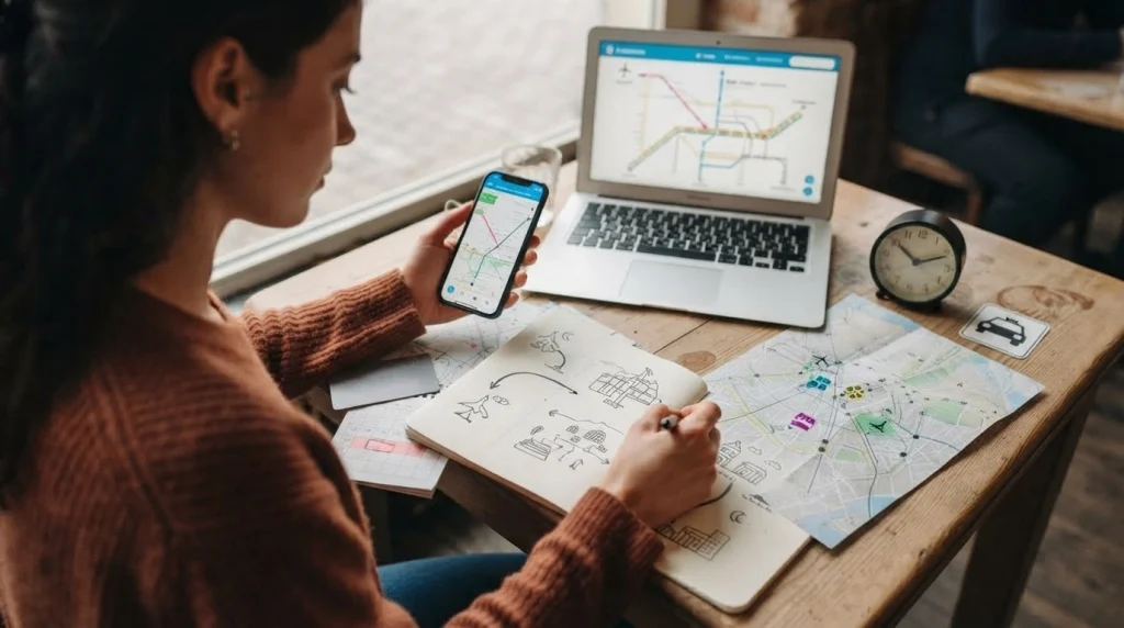 Woman checking airport access, hotel areas, attractions, evening routes, fares, and backup transport