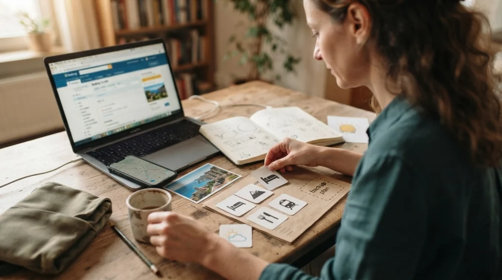 Woman testing transport, activities and backup plans before booking a scenic solo trip