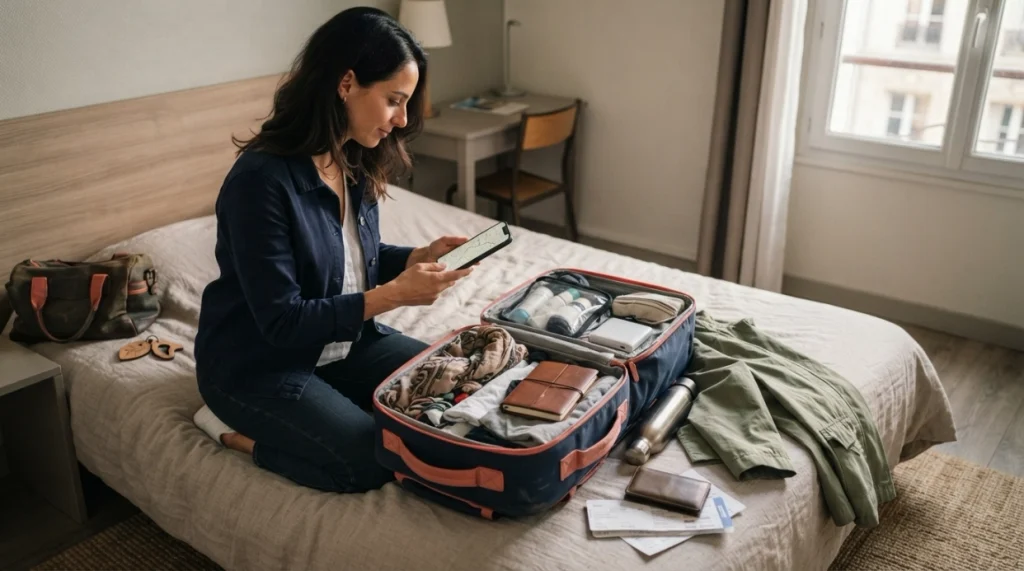 Woman reviewing packing and travel systems during a short solo practice trip