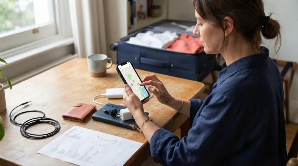 Woman testing offline maps, battery, storage, and account recovery before her first solo trip.