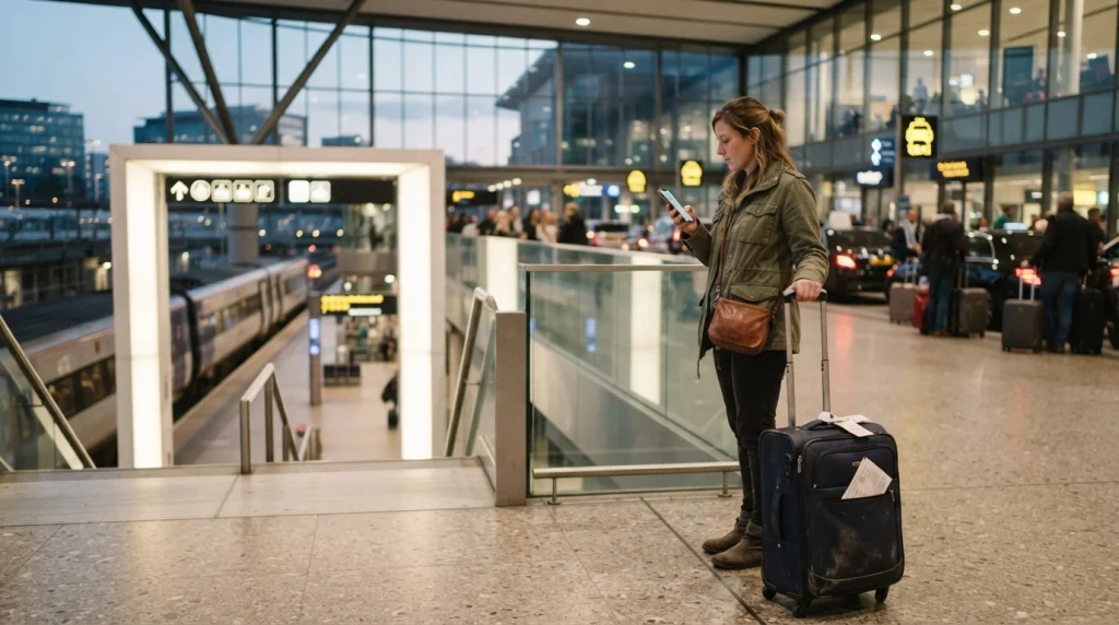 Solo female traveler planning airport transport after arriving for her first international trip