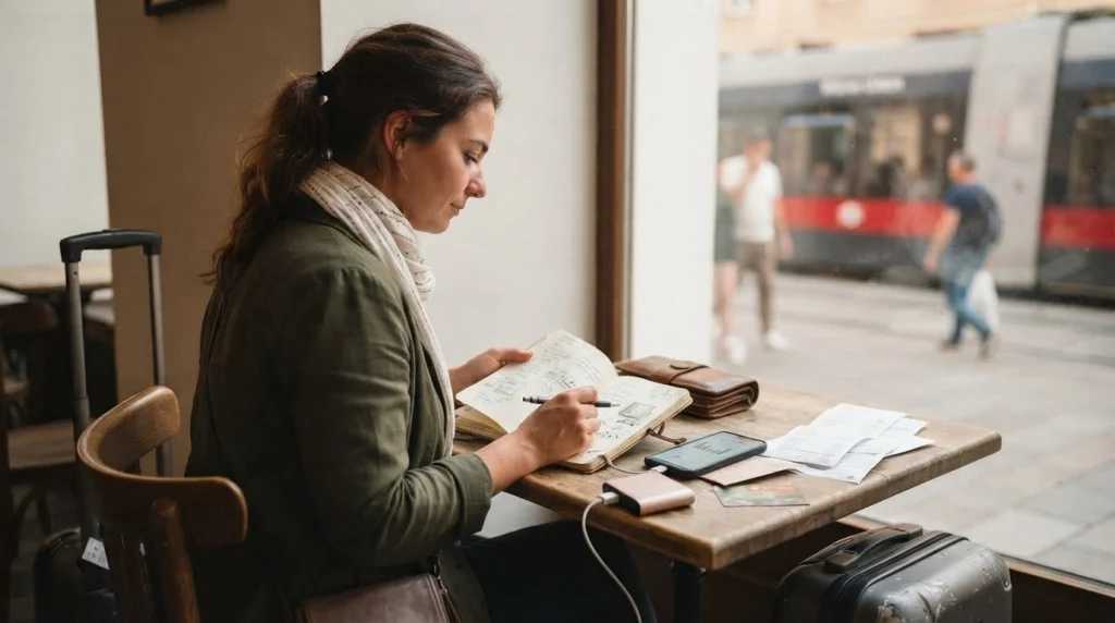 Solo female traveler budgeting transit costs with phone, wallet, notebook, power bank, and luggage