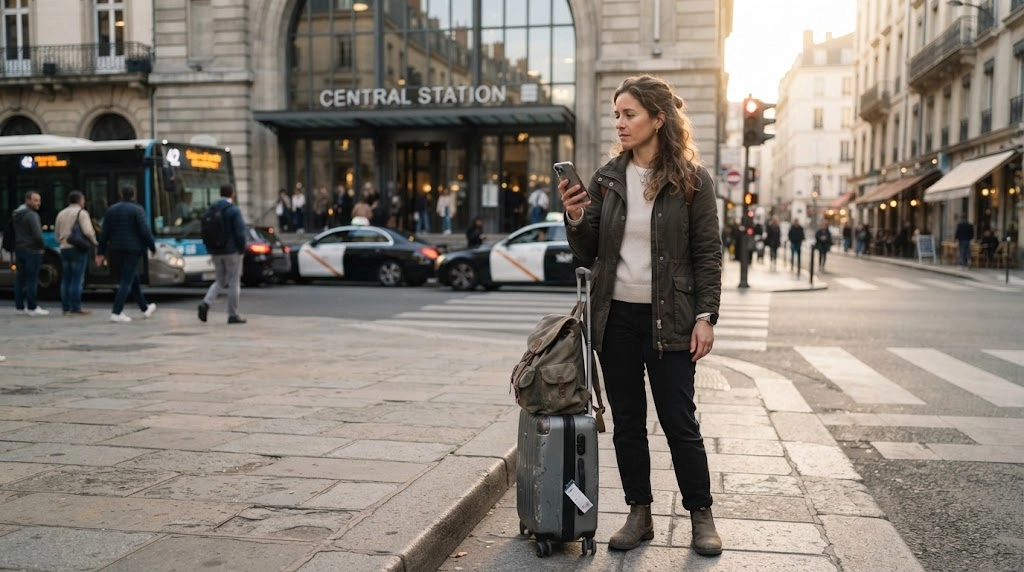 Solo female traveler comparing train, bus and taxi options during a solo trip