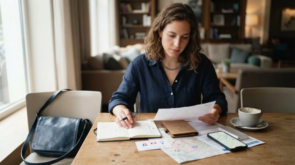 Woman creating a solo travel safety plan with maps, emergency contacts, transport, and backup details.