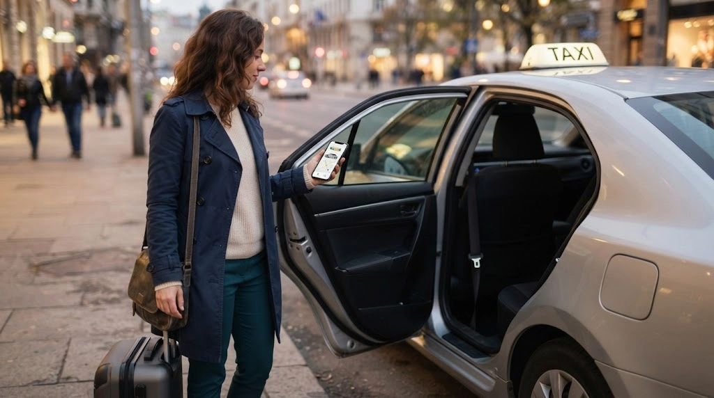 Solo female traveler matching her taxi, checking the route, and preparing to share ride details.