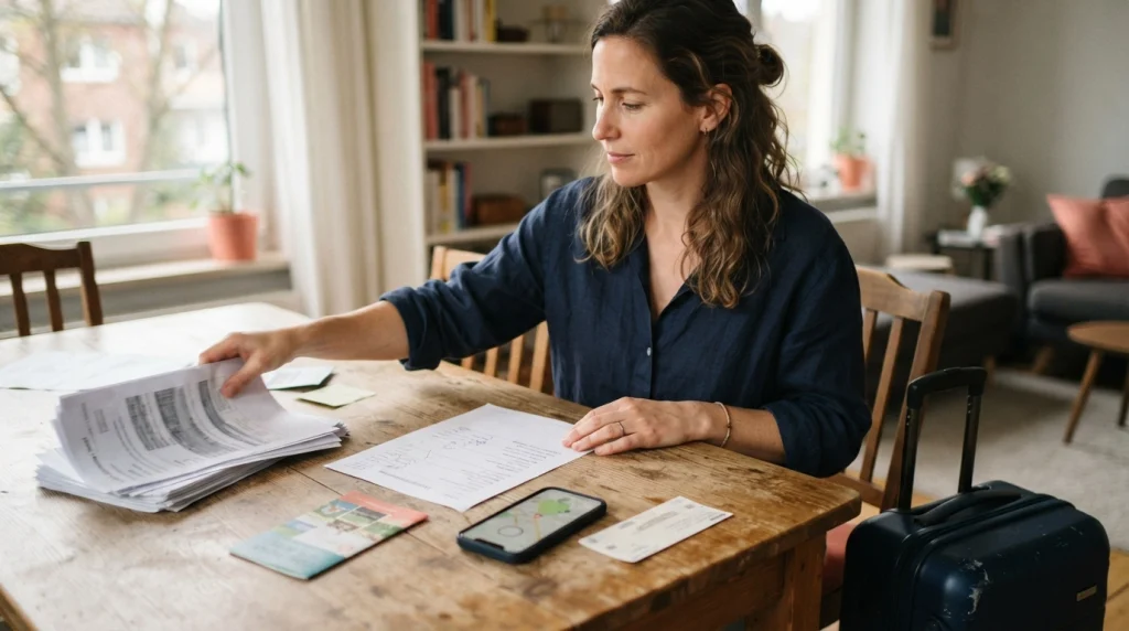 Woman simplifying her first solo trip itinerary at a table beside a carry-on suitcase.