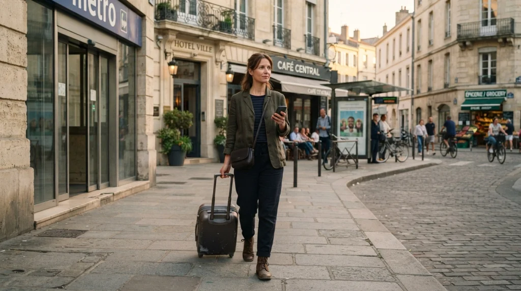 Woman arriving solo in a walkable city with easy transit, accommodation, food, and navigation