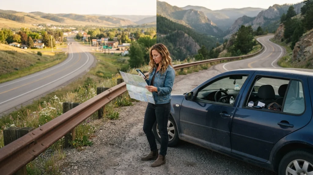 Woman comparing road options while choosing a destination for a solo road trip