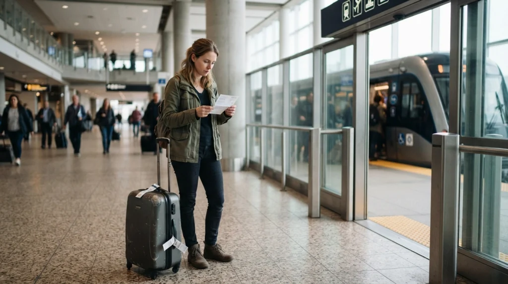 Solo woman following a simple direct airport train route with one suitcase.