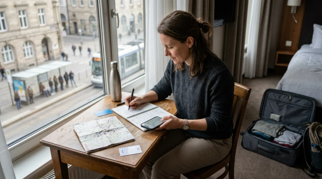 Woman planning first solo trip logistics with map, transit card, phone, and one carry-on bag
