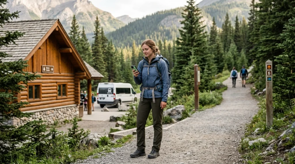 Solo woman checking a map beside an easy nature trail near lodging and transport
